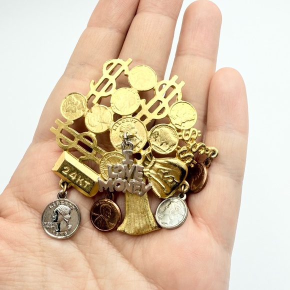 Vintage Money Grows on Trees Brooch Pin Dangling Coin Charms I Love Money Pin - Picture 3 of 5